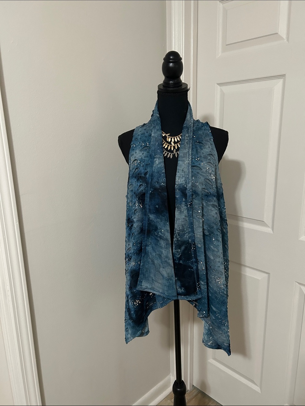 new directions Blue Tie-Dye Open Front Asymmetrical Vest with Sparkle